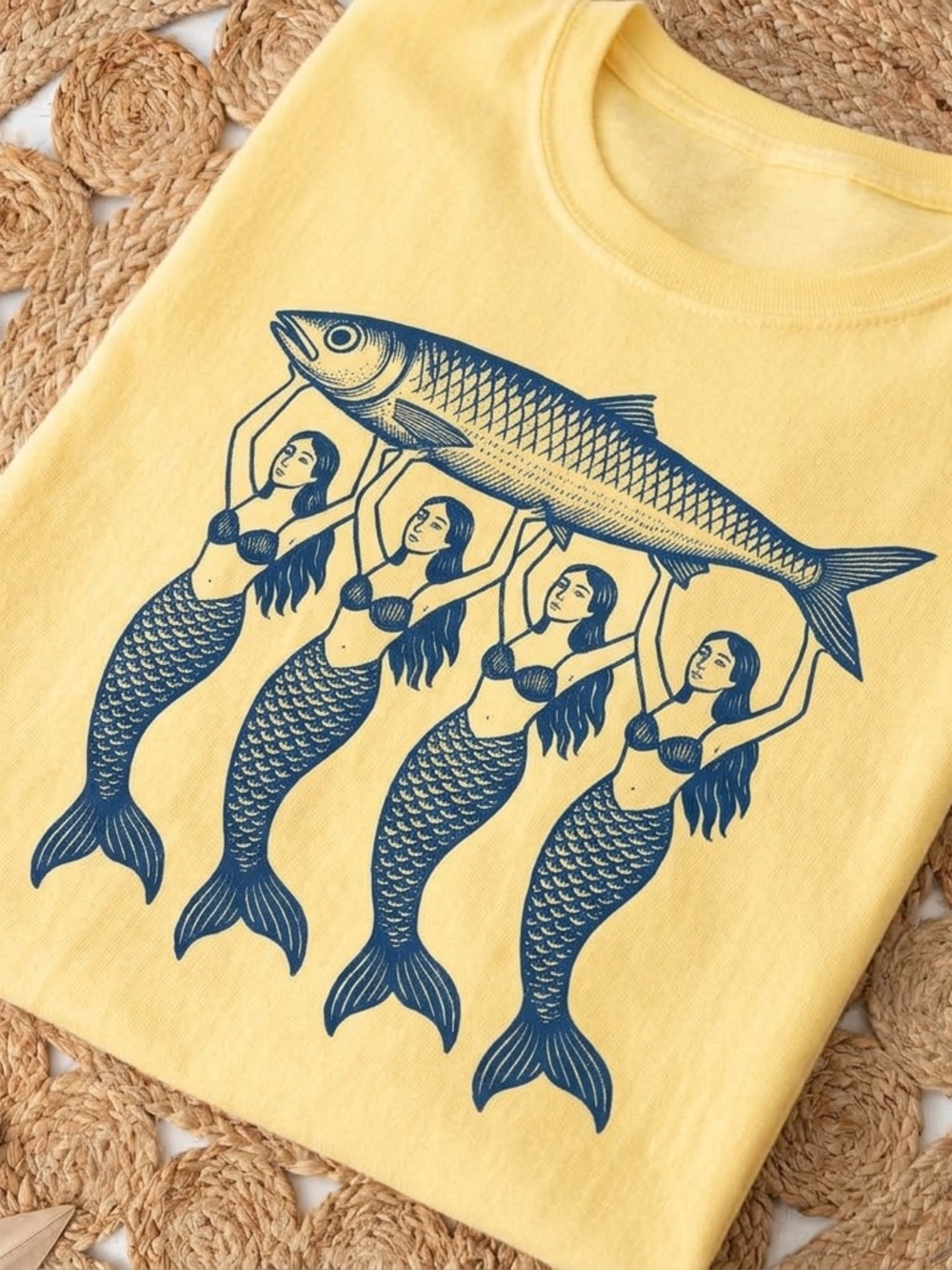 Mermaids holding four fish Yellow Mermaid Fish Graphic Tee - Unbranded - Picture 2 of 2
